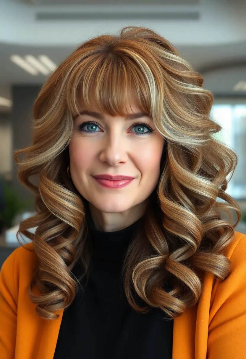 Voluminous Layered Curls with Bangs